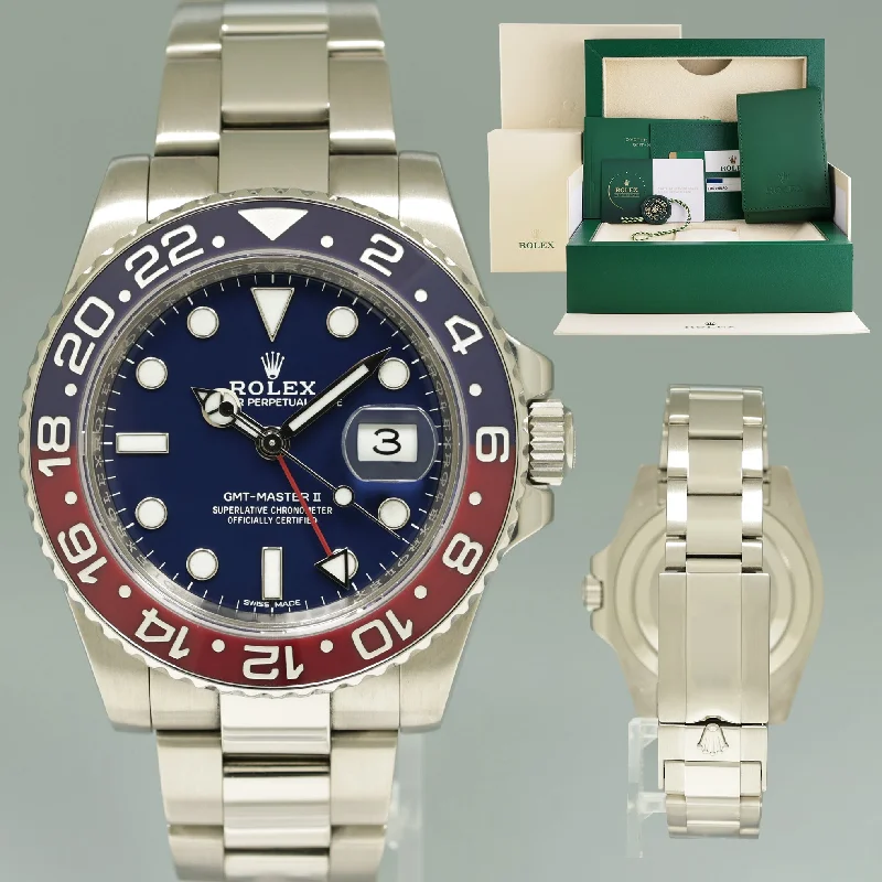 Unisex big dial watches-PAPERS & 2024 RSC Papers Rolex GMT-Master II Pepsi White Gold Blue 116719BLRO Watch