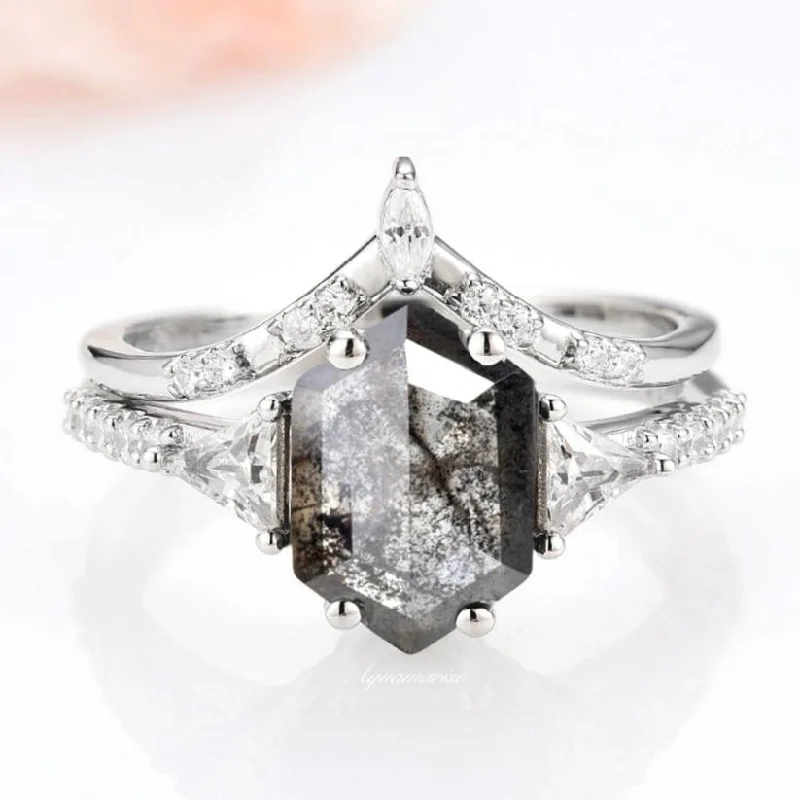 Women’s classic diamond engagement rings-Galaxy Raw Salt & Pepper Diamond (Herkimer Diamond) Hexagon Ring Set- 925 Sterling Silver