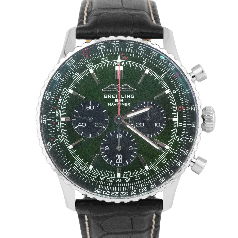 Unisex elegant leather watches-MINT PAPERS Breitling Navitimer 46 B01 GREEN 46mm Steel Chronograph AB0137 BOX