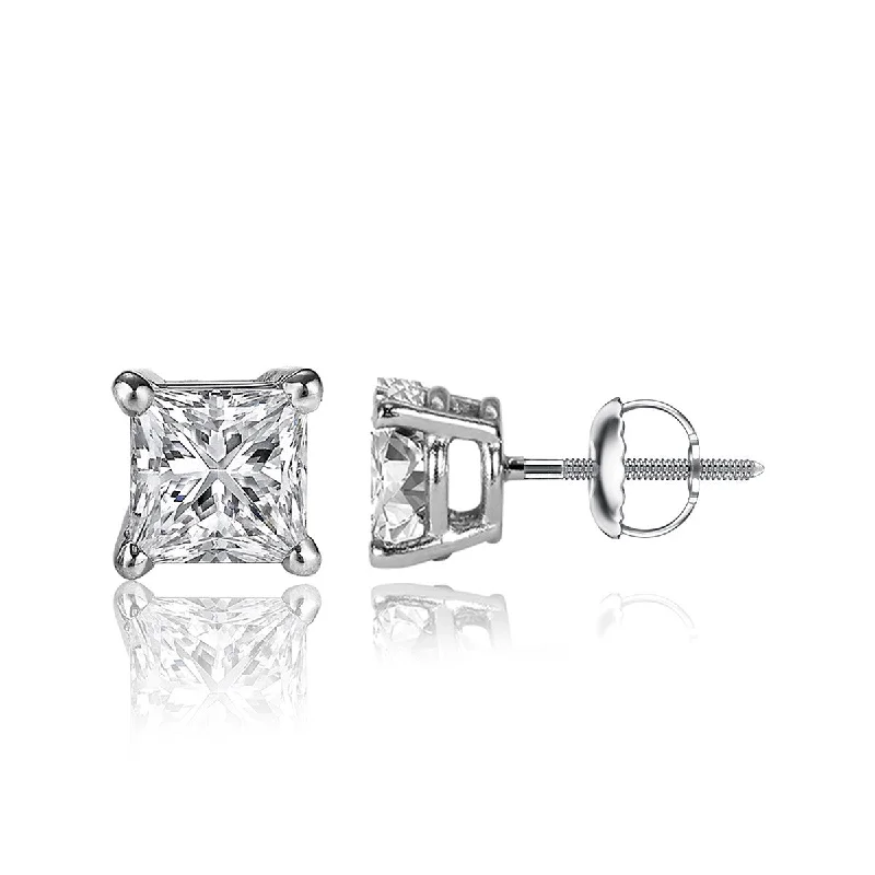 Women’s gold plated stud earrings-1/3 Carat Princess Cut 14K White Gold 4 Prong Basket Set Diamond Solitaire Stud Earrings (Signature Quality)