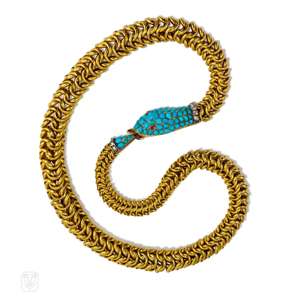 Women’s mixed metal necklaces-Antique gold, turquoise, and gemset Ouroboros serpent necklace