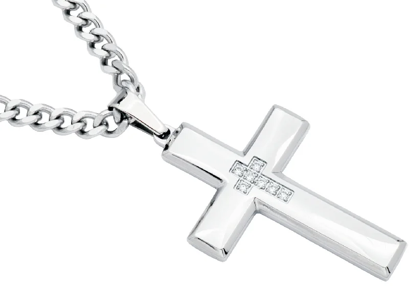 Women’s birthstone necklaces-Mens Polished Stainless Steel Cross Pendant Necklace With Cubic Zirconia