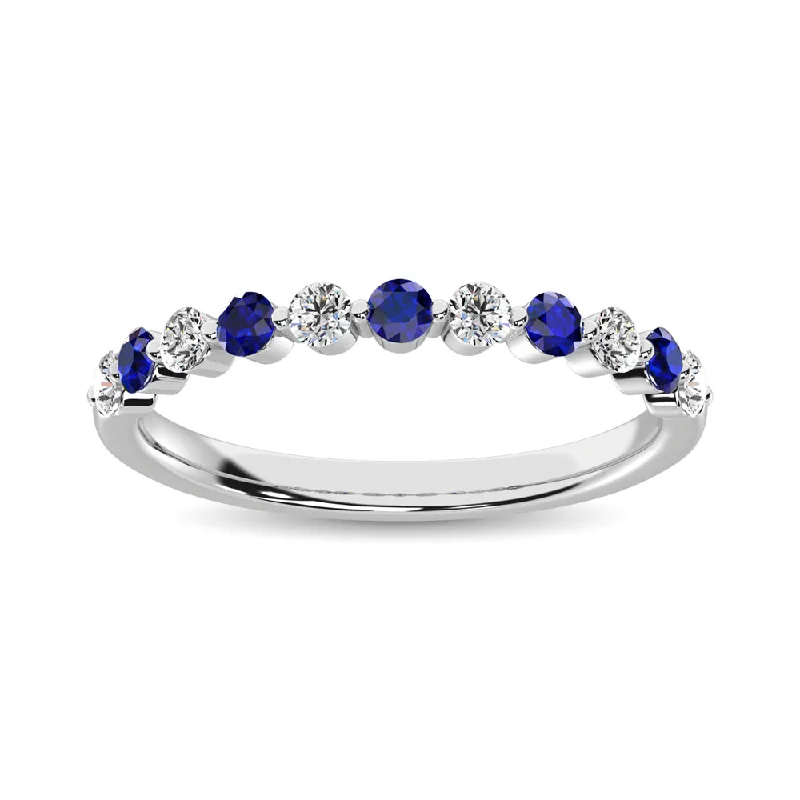 Women’s art deco engagement rings-Diamond 1/2 Ct.Tw. And Blue Sapphire Stack Band in 14K White Gold ( 6 Diamond and 5 Blue Sapphire )