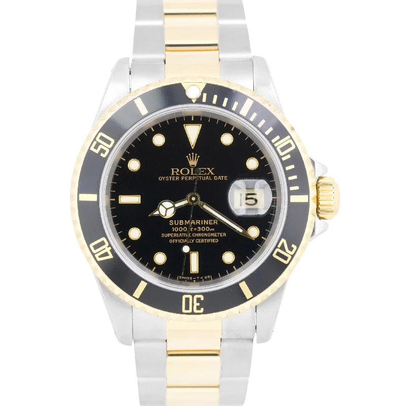 Unisex digital watches-Rolex Submariner Date BLACK 18K Yellow Gold SEL Stainless Steel 40mm Watch 16613