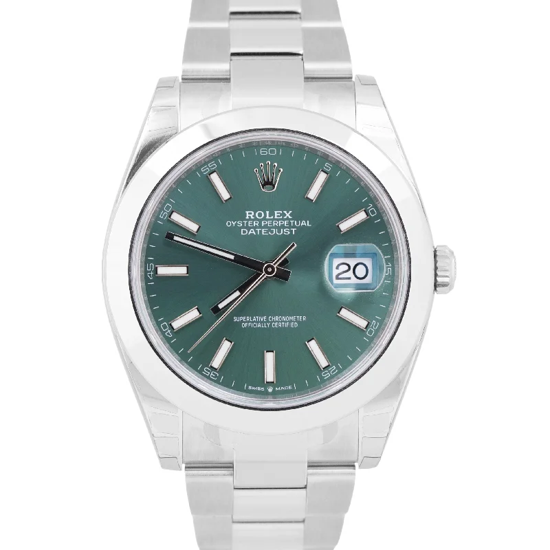 Unisex scratch-resistant watches-NEW STICKERED SEPT 2024 PAPERS Rolex DateJust 41mm MINT GREEN Steel 126300 BOX