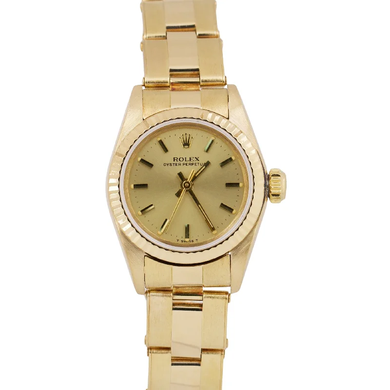 Unisex compact watches-1985 Ladies Rolex Oyster Perpetual 26mm CHAMPAGNE 18K Yellow Gold Fluted 67198