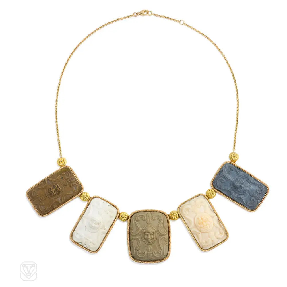 Women’s vintage necklaces-Gold necklace with antique lava cameos