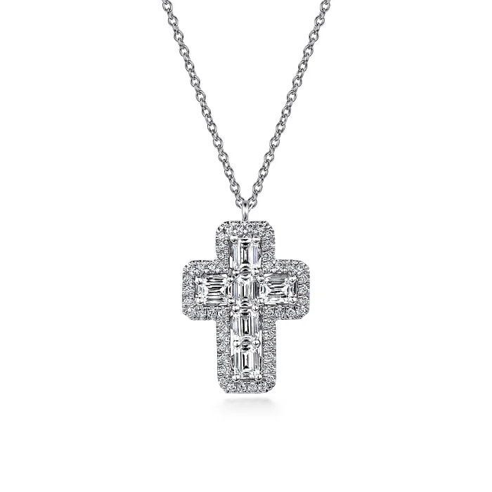 Women’s rose gold necklaces-14K White Gold Emerald Cut Diamond Cross Necklace