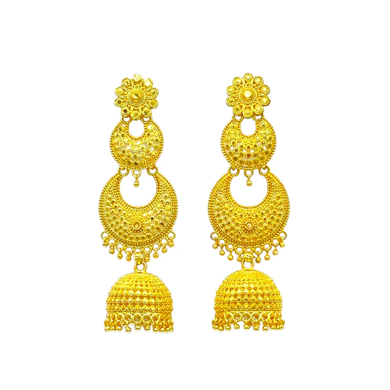 Women’s wedding earrings-Gold double layered Chandbali with Stylish Zumkhi Earrings