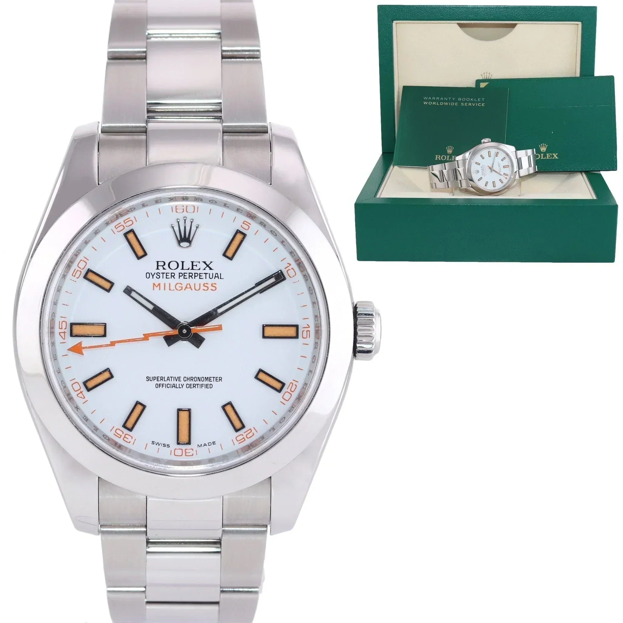 Unisex high-performance watches-MINT Rolex Milgauss 116400 Orange White 40mm Steel Anti-Magnetic Watch Box