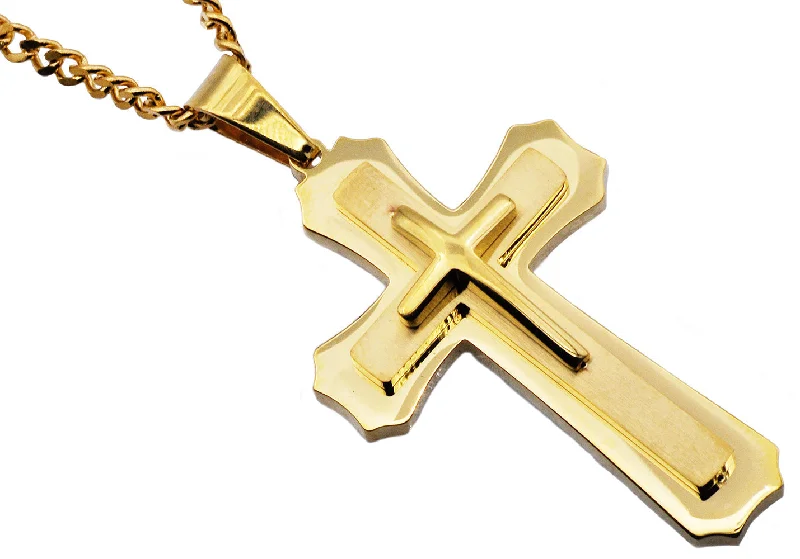 Women’s fashion necklaces-Mens Gold Stainless Steel Layered Cross Pendant Necklace With 24" Curb Chain