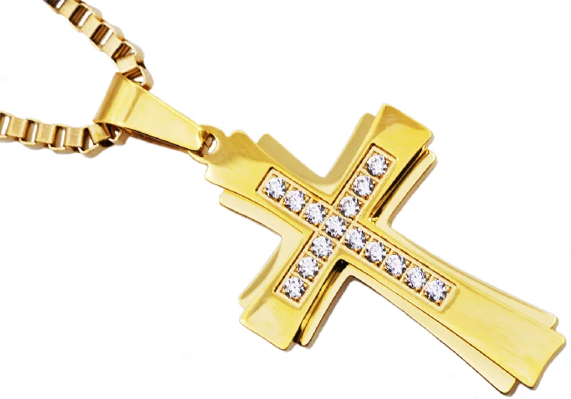 Women’s diamond pendant necklaces-Mens Gold Stainless Steel Cross Pendant Necklace With Cubic Zirconia