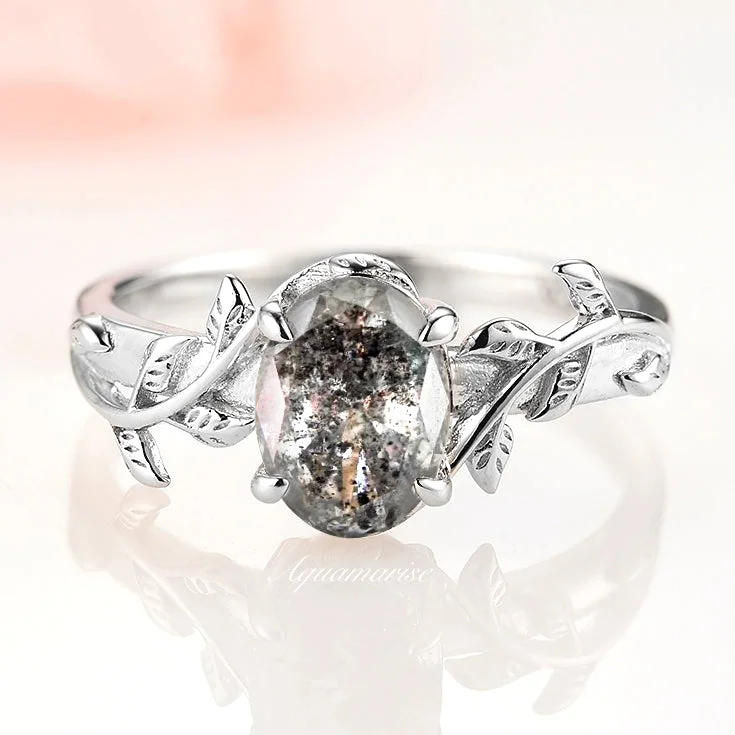 Women’s designer engagement rings-Galaxy Raw Salt & Pepper Diamond (Herkimer Diamond) Leaf Ring- 925 Sterling Silver