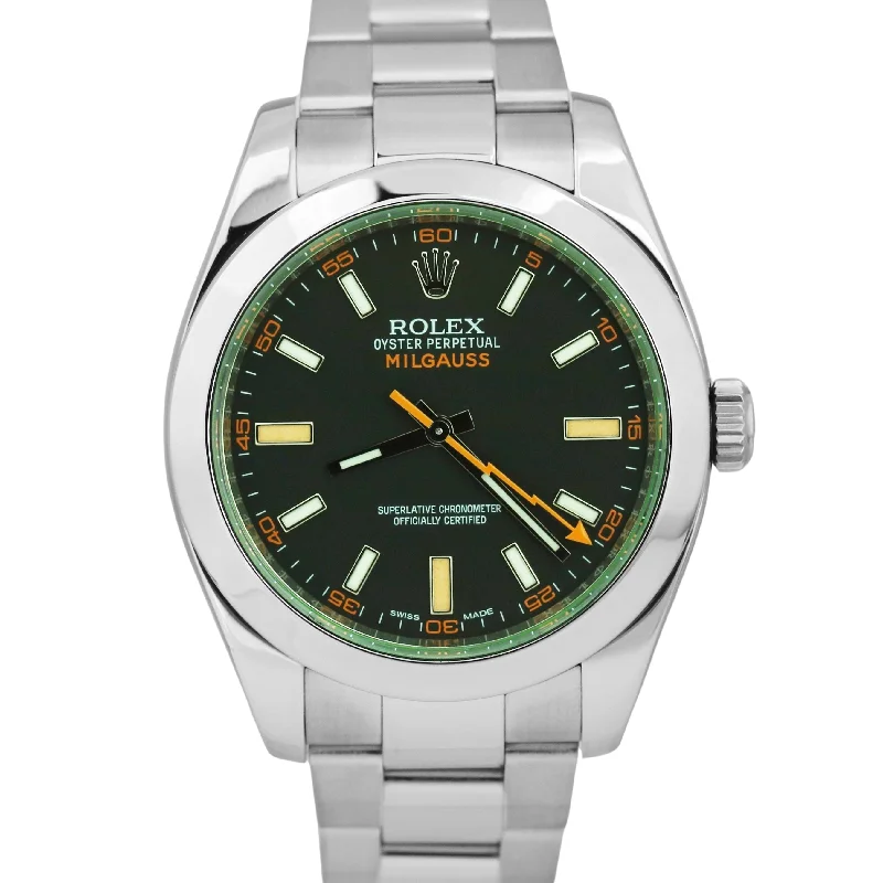 Unisex luxury smartwatches-Rolex Milgauss Stainless Steel BLACK Green 40mm Oyster 116400GV Watch