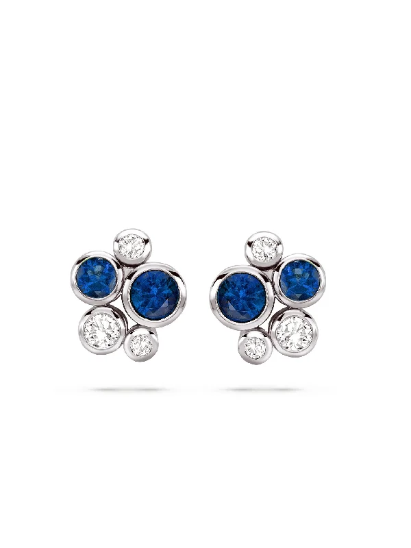 Women’s radiant gemstone earrings-Raindance Sapphire Platinum Cluster Stud Earrings