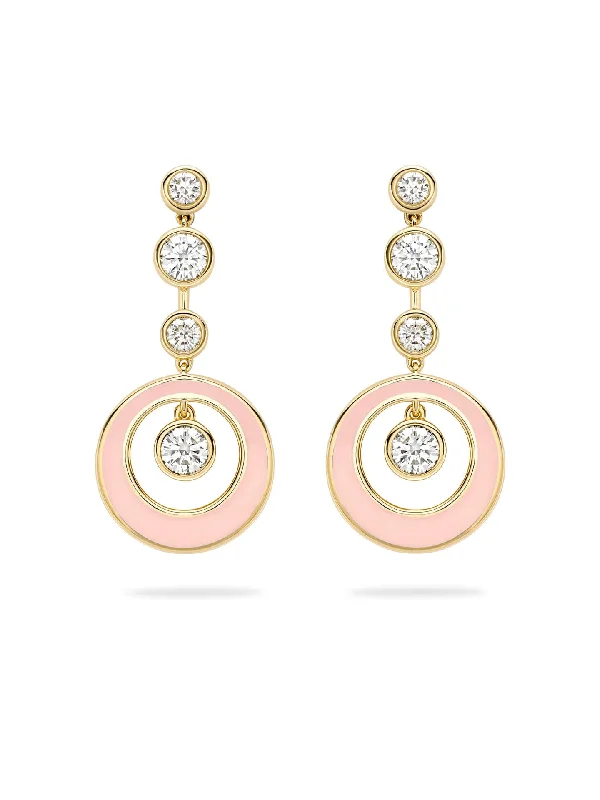 Women’s infinity earrings-Raindance Diamond Pink Enamel Yellow Gold Earrings