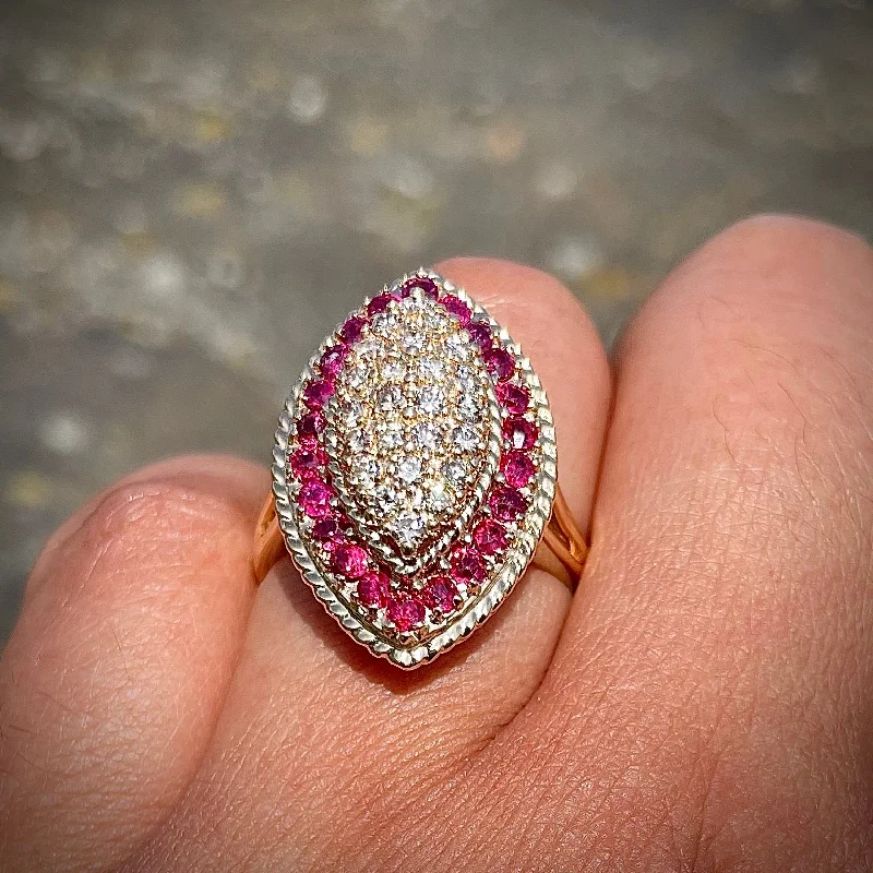 Women’s ruby engagement rings-Estate 14K Yellow Gold Navette Diamond Cluster Ring with Ruby Halo