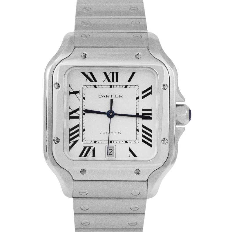 Unisex smartwatches for iPhone-MINT PAPERS Cartier Santos 39.8mm White Stainless Steel Watch 4072 WSSA0009 BOX