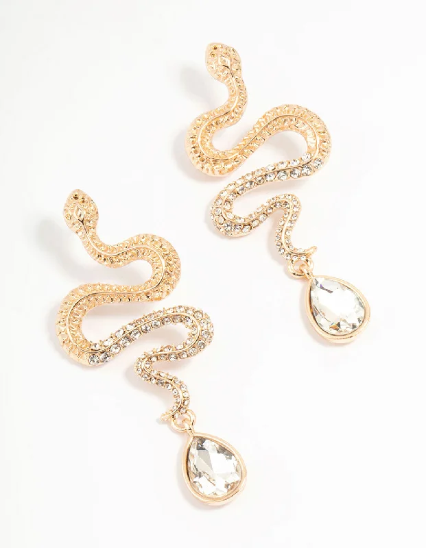 Women’s infinity earrings-Gold Diamante Snake Drop Earrings