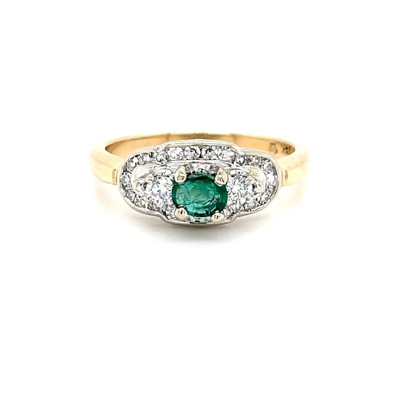 Women’s white gold engagement rings-ESTATE 14K Two-Tone Emerald Ring with Diamond