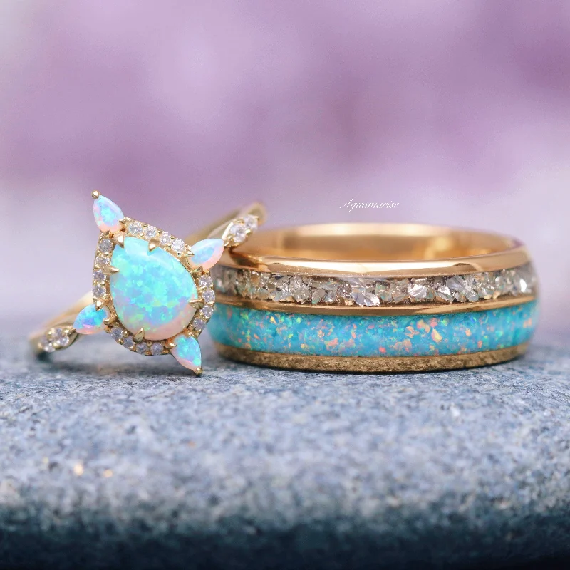 Women’s geometric engagement rings-Blue Fire Opal & Crushed Diamond (cz) Couples Ring