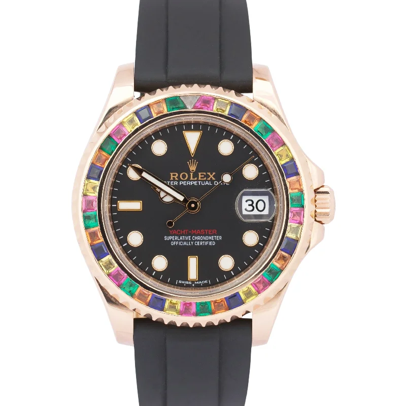 Unisex stainless steel watches-Rolex Yacht-Master 18k Rose Gold RAINBOW SAPPHIRE Black Oysterflex 37mm 268655