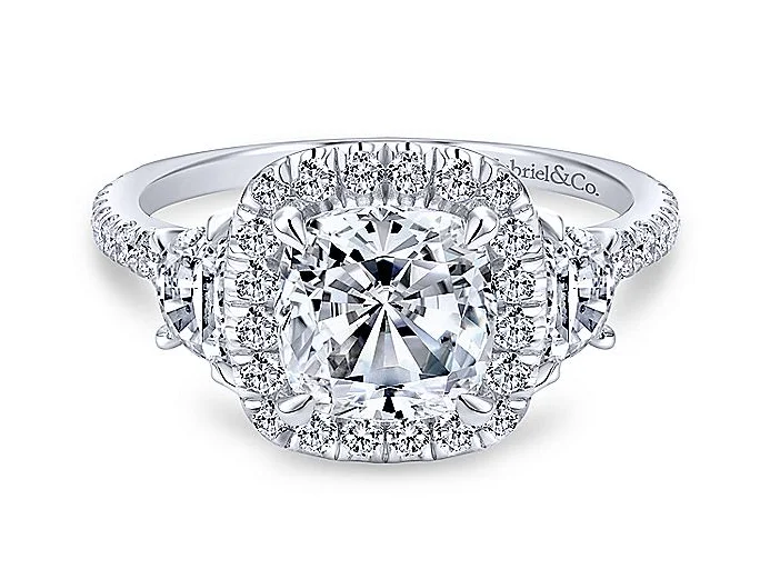 Women’s halo diamond engagement rings-14K White Gold Diamond Cushion Halo + 3 Stone Mounting