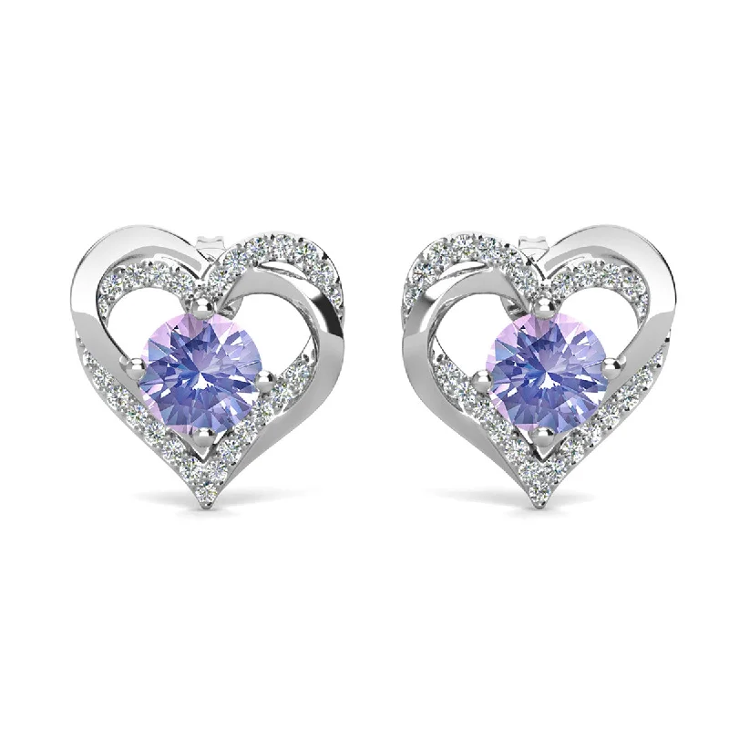 Women’s silver hoop earrings-Forever June Birthstone 18k White Gold Plated Silver Double Heart Design Alexandrite Earrings with Swarovski Crystals.