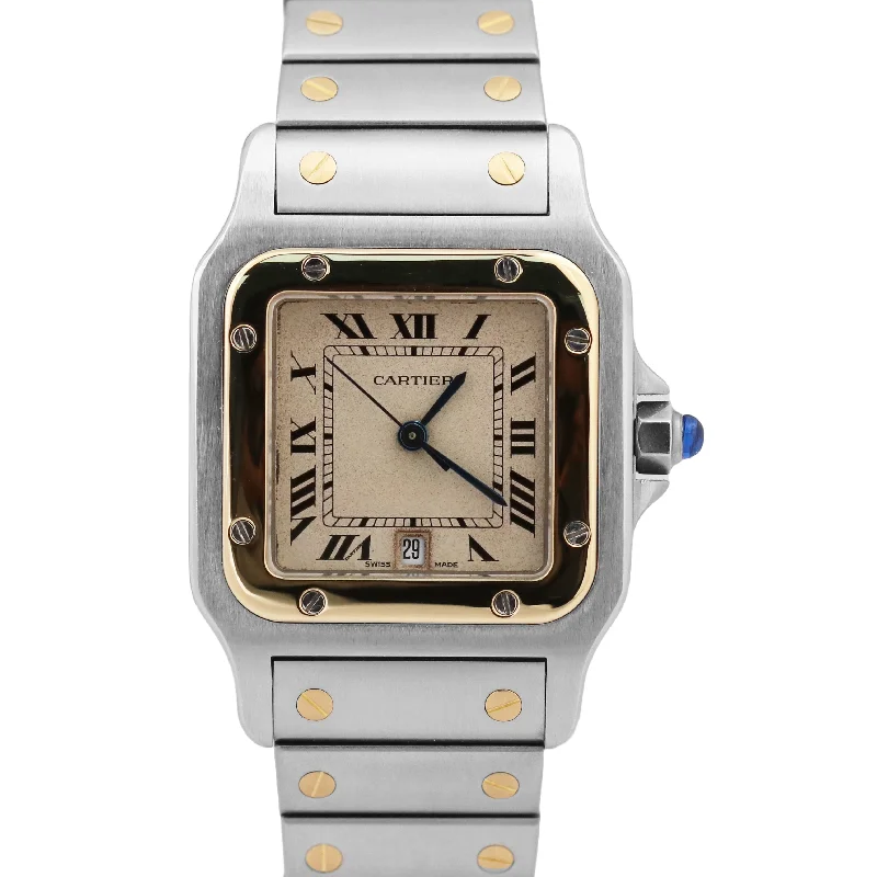 Unisex trendy watches-MINT Ladies Cartier Santos 29mm Patina Roman 18K Yellow Gold Steel Quartz 187901