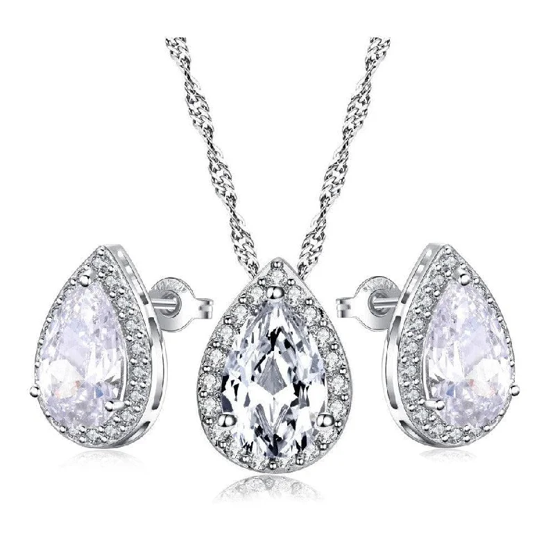 Women’s silver necklaces-Teardrop Crystal Necklace and Teardrop Crystal Earring Set