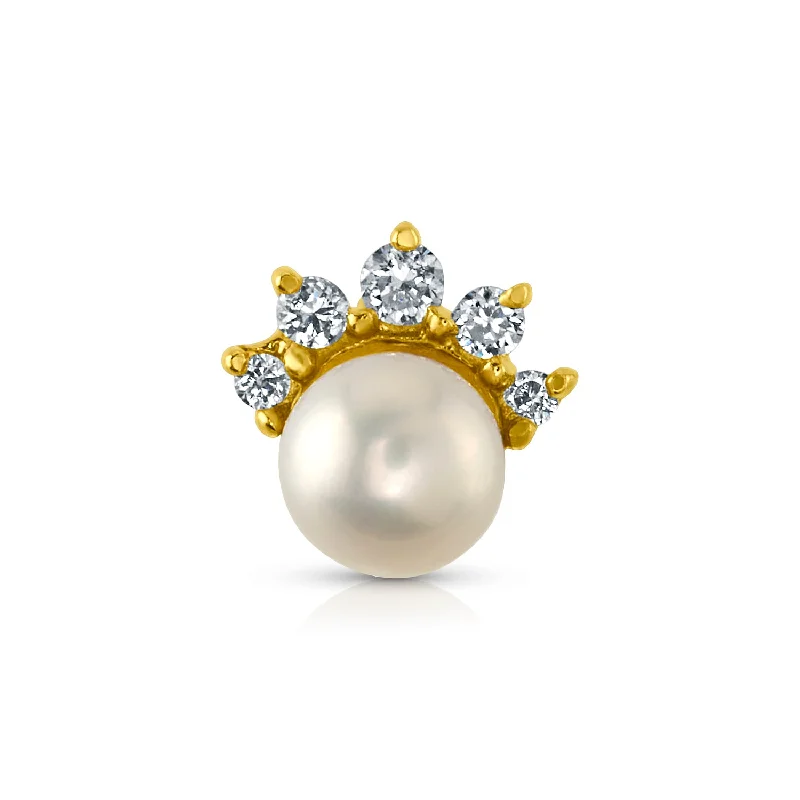 Women’s floral engagement rings-SINGLE PEARL & DIAMOND ACCENTS FLAT BACK STUD, 14kt Gold