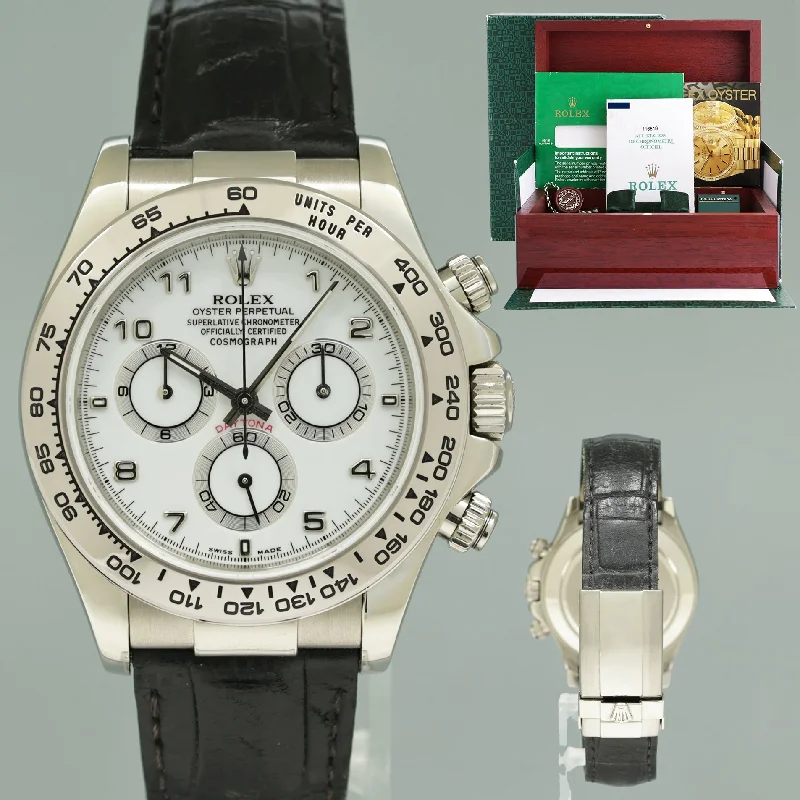 Unisex leather strap wristwatches-PAPERS Rolex Daytona White Gold 116519 White Arabic Leather 40mm Watch Box