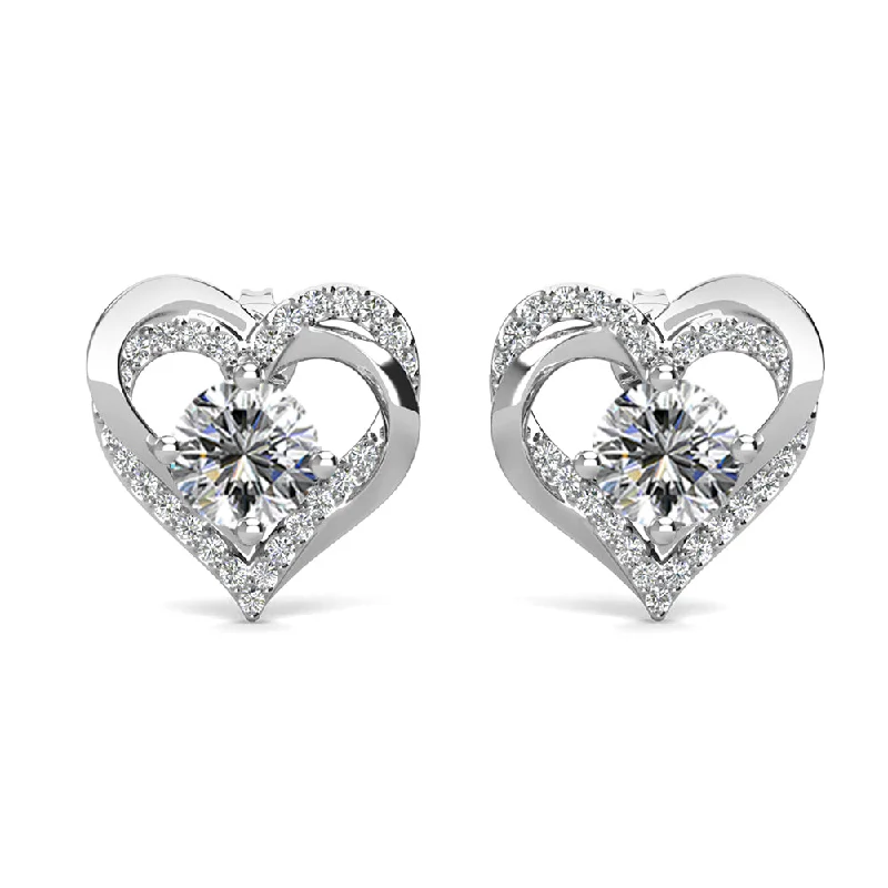 Women’s heart-shaped diamond earrings-Forever April Birthstone Diamond Earrings 18k White Gold Plated Silver Double Heart Earrings with Swarovski Crystals