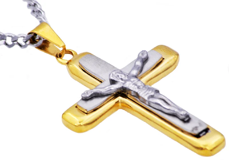 Women’s adjustable necklaces-Mens Two Tone Gold Stainless Steel Crucifix Pendant Necklace