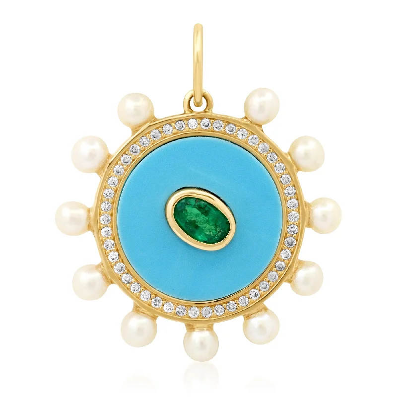 Women’s custom-made engagement rings-ROYAL MEDALLION EMERALD TURQUOISE ENAMEL DIAMONDS & PEARLS, 14kt GOLD