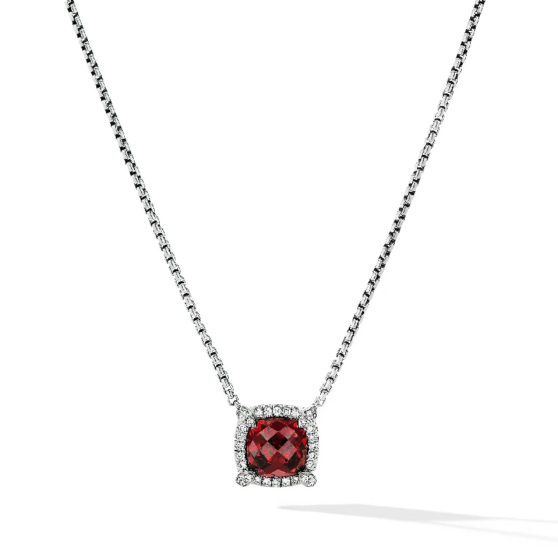 Women’s layered gold necklaces-Petite Chatelaine® Pavé Bezel Pendant Necklace in Sterling Silver with Rhodolite Garnet and Diamonds\, 7mm