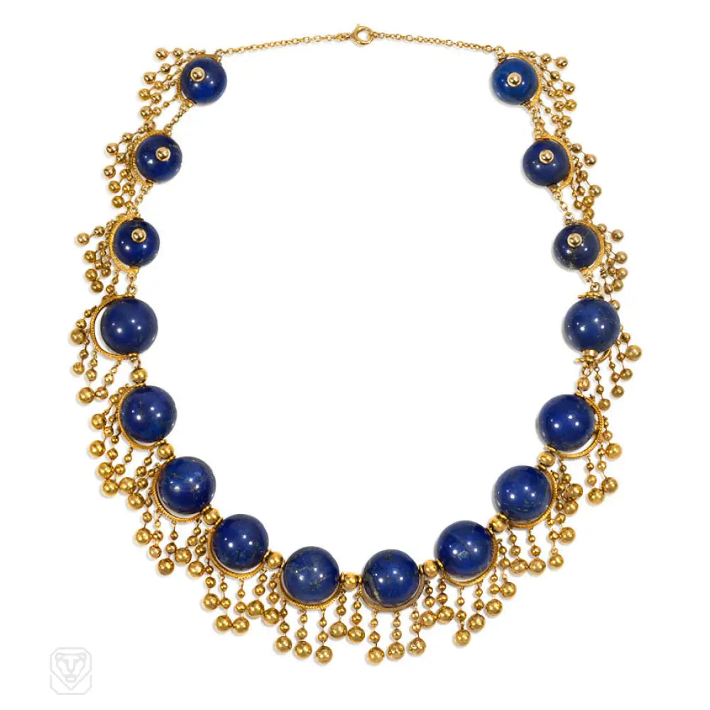 Women’s floral gold necklaces-French antique gold and lapis festoon necklace