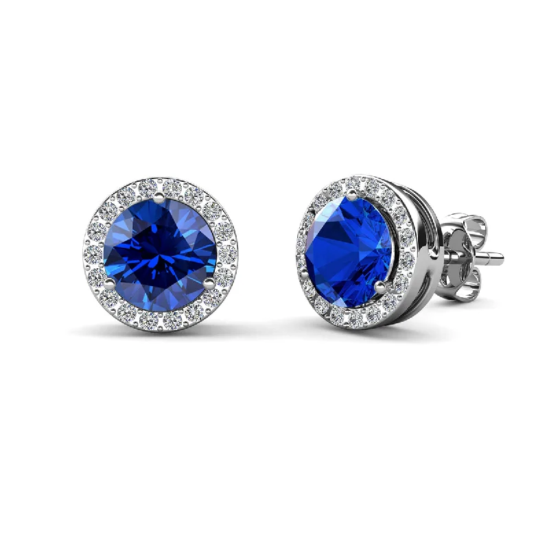 Women’s unique earrings-Royal 18k White Gold Plated September Birthstone Halo Earrings with Round Cut Sapphire Swarovski Crystals