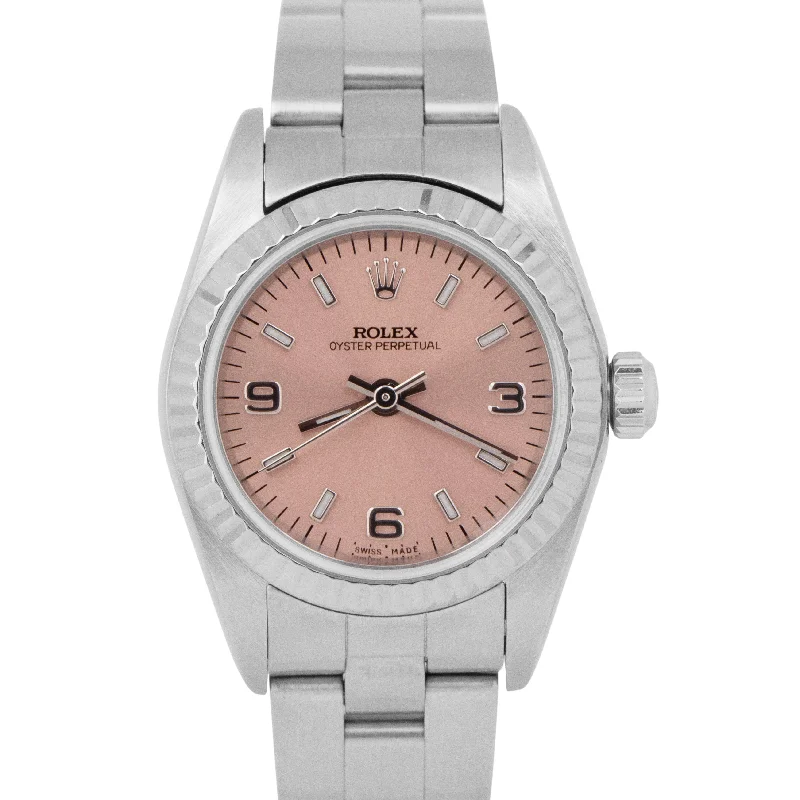 Unisex smart watches-PAPERS Rolex Oyster Perpetual 24mm Salmon Steel NO-HOLES Oyster Watch 76094 BOX