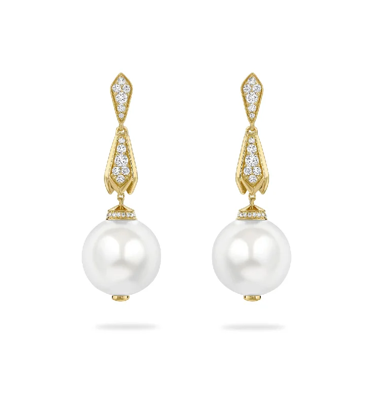 Women’s retro earrings-Secret Garden Pearl Diamond Yellow Gold Drop Earrings