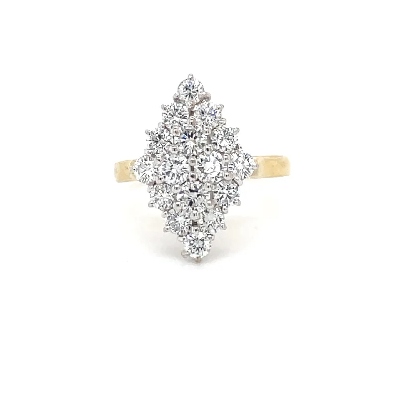 Women’s unique solitaire engagement rings-ESTATE 18K Two-tone Navette Shaped Diamond Cluster Ring