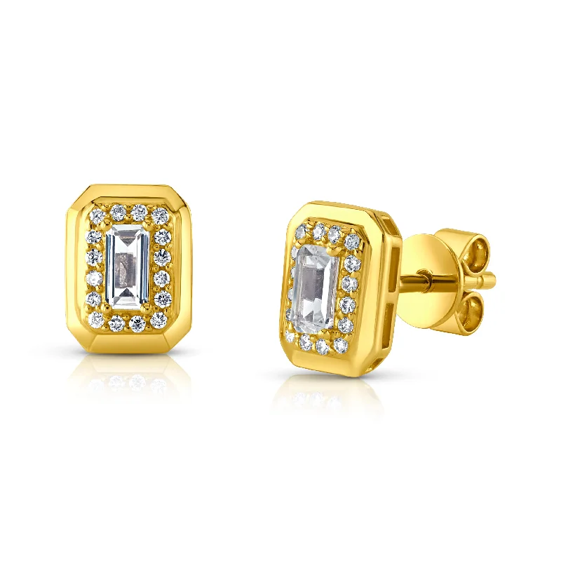 Women’s halo sapphire engagement rings-FRAMED BAGUETTE DIAMOND STUDS, 14KT GOLD