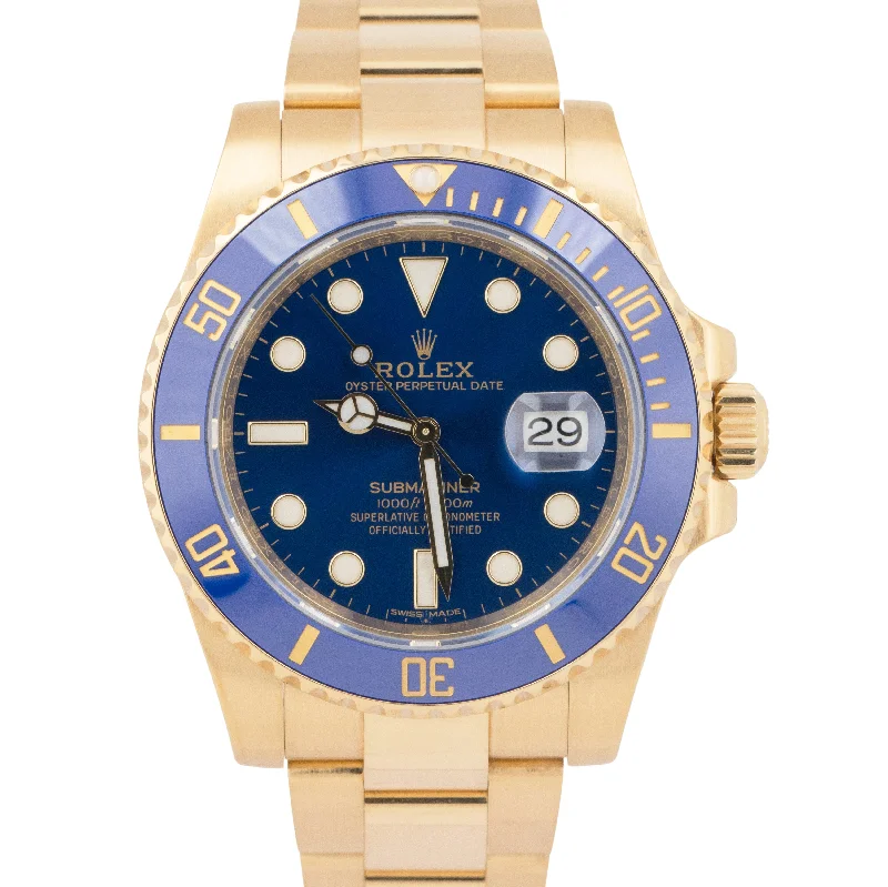 Unisex compact watches-MINT PAPERS Rolex Submariner Date 40mm Ceramic Yellow Gold Blue 116618 LB BOX