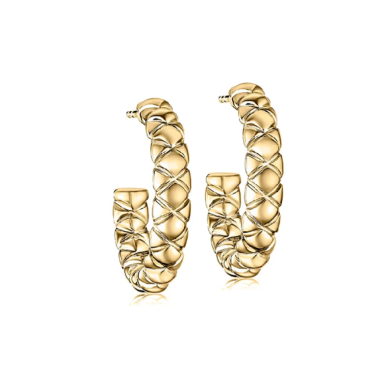 Women’s heart-shaped diamond earrings-A. Jaffe 14K Yellow Gold Plain Quilted Medium Hoop Earrings