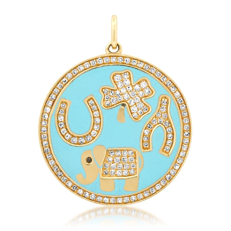 Women’s vintage diamond engagement rings-TURQUOISE ENAMEL DIAMOND ELEPHANT CHARM, 14kt GOLD