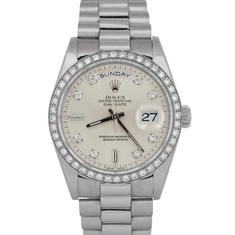 Unisex ceramic watches-RSC CARD Rolex Day-Date President FACTORY DIAMOND 36mm Platinum Watch 18346