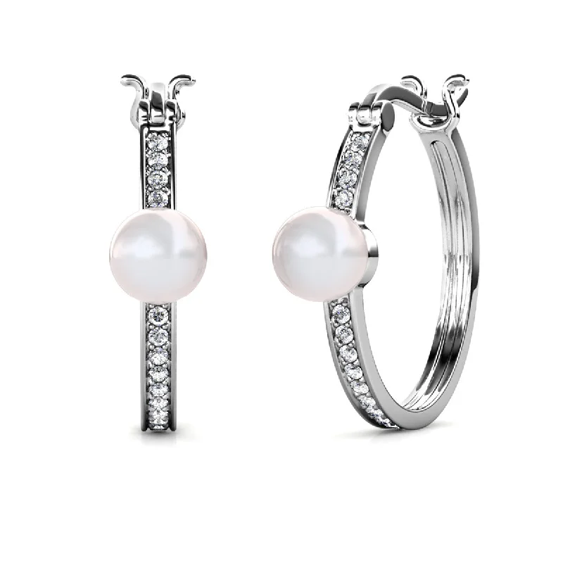 Women’s fashion dangle earrings-Nyla 18k White Gold Plated Pearl Hoop Earrings with Swarovski Crystals for Women