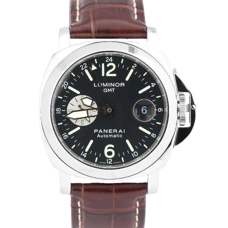 Unisex stylish watches-MINT Panerai Luminor GMT PAM88 Automatic Black Leather Steel 44mm Watch PAM00088