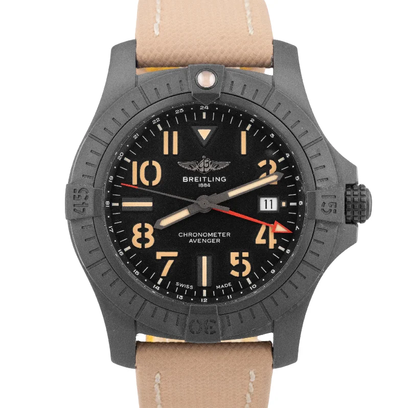 Unisex sapphire crystal watches-Breitling Avenger GMT Night Mission 45 TITANIUM DLC Black 45mm Watch V32395