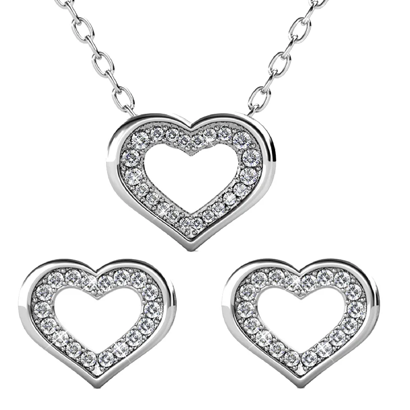 Women’s drop earrings-Dominique 18k White Gold Plated Silver Heart Necklace and Earring Set with Swarovski Crystals